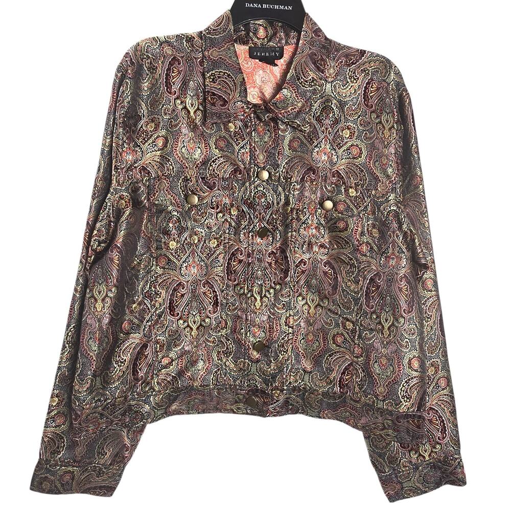 Spenser Jeremy Women XL Gold Metallic Paisley Button Up Shirt Jacket Glam Quirky